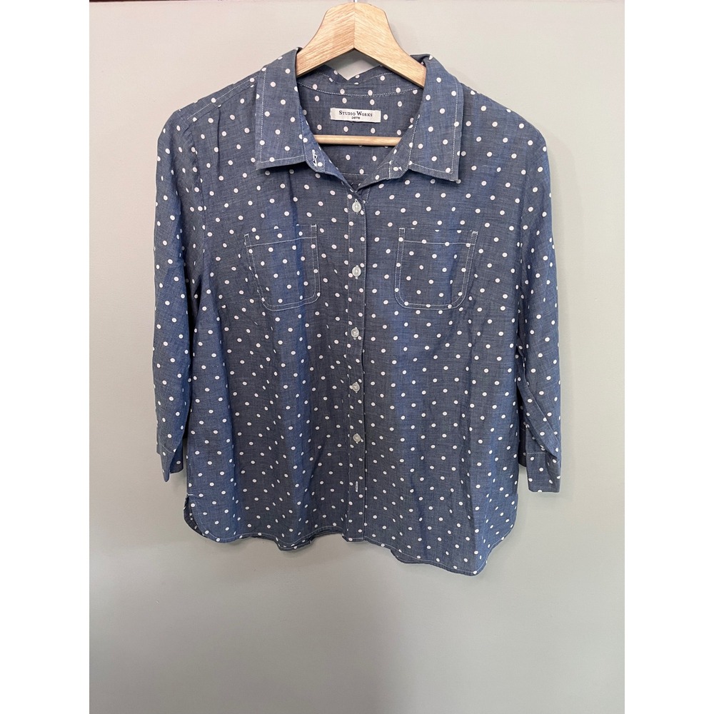 Studio Works Petite Blue Polka‎ Dot Chambray Cotton Button Down Shirt 3/4 Sleeve
